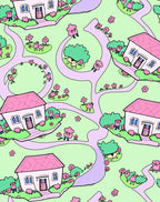 Whimsical Pink Houses and Flowers Scene Rug
