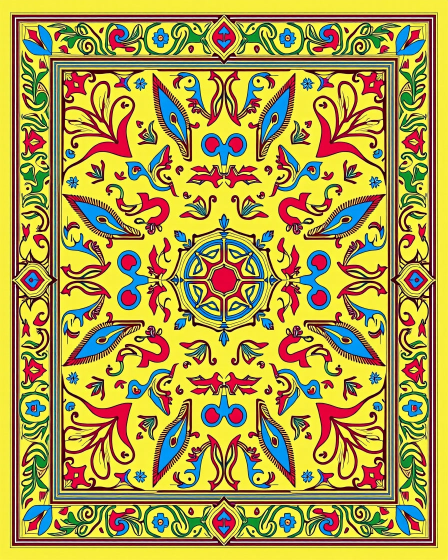 Vivid Yellow Red Blue Floral Medallion Rug