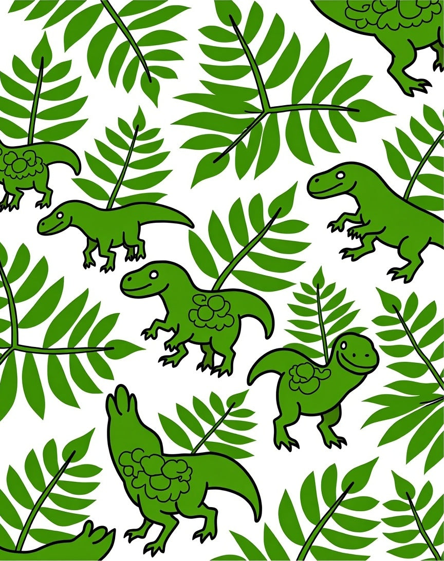 Green Dinosaurs With Fern Leaves Rug