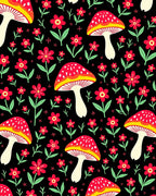 Red Mushroom Garden Floral Black Rug