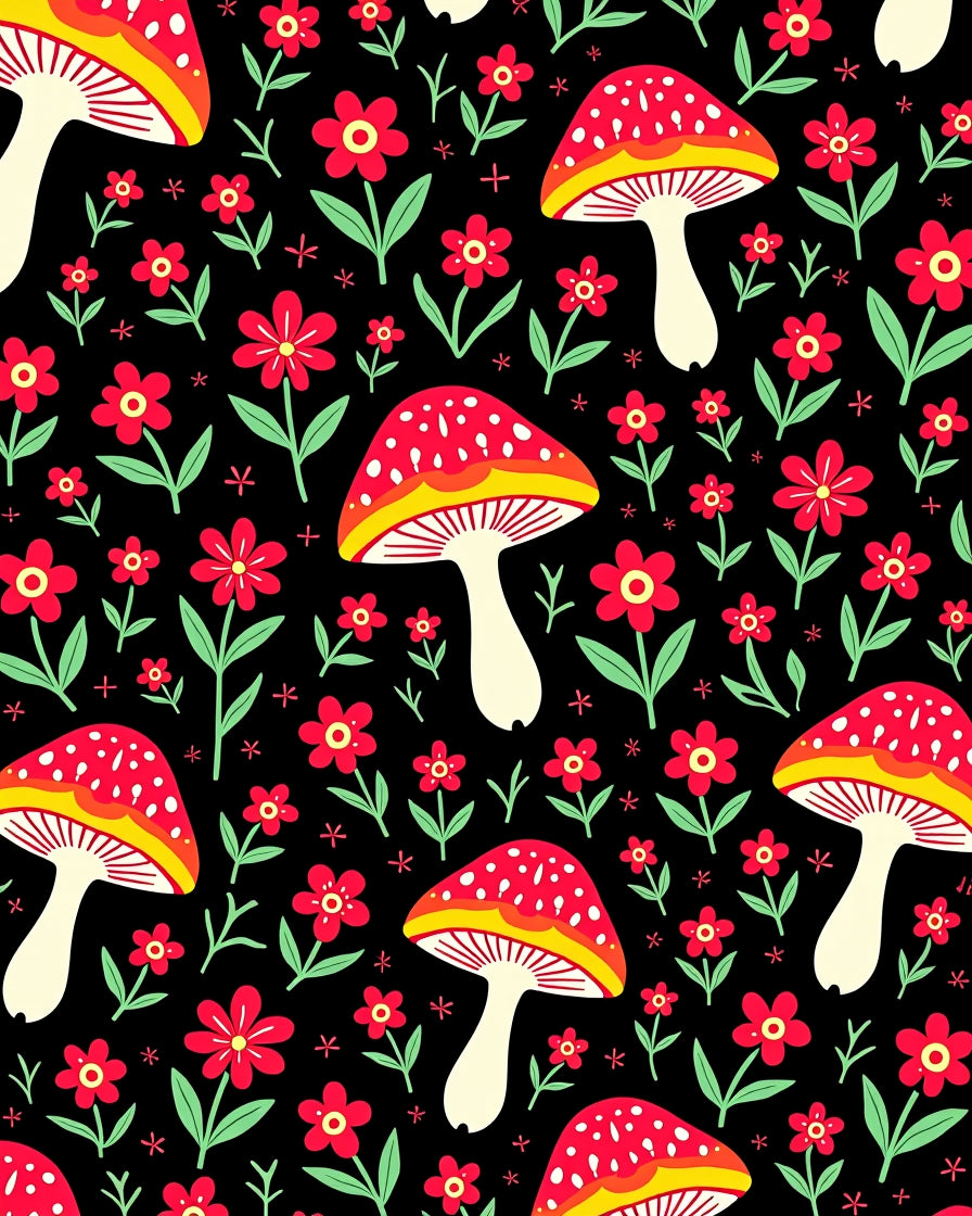 Red Mushroom Garden Floral Black Rug