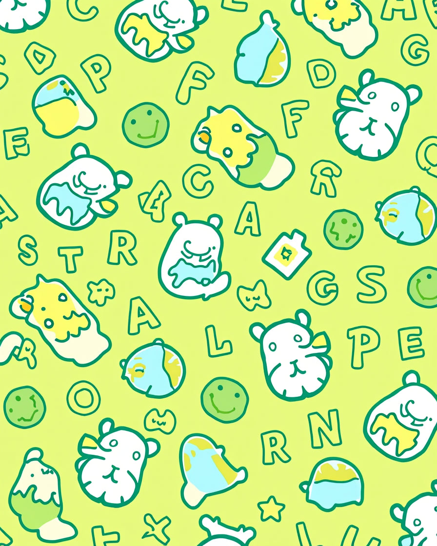 Light Yellow Cartoon Creatures Alphabet Rug