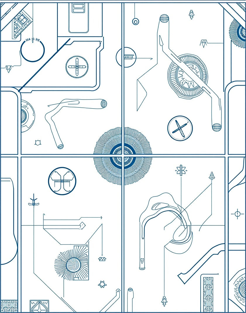 Blue Blueprint Geometric Technical Diagram Rug