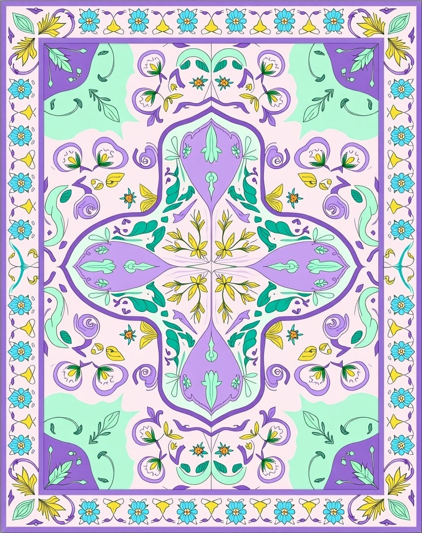 Pastel Purple Floral Medallion Border Rug