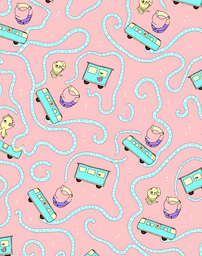 Whimsical Blue Train Pink Swirl Rug