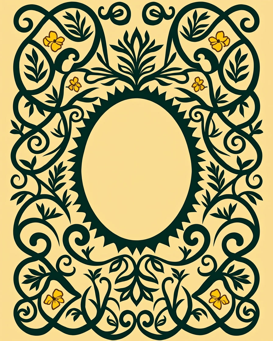 Dark Green Yellow Floral Oval Frame Rug