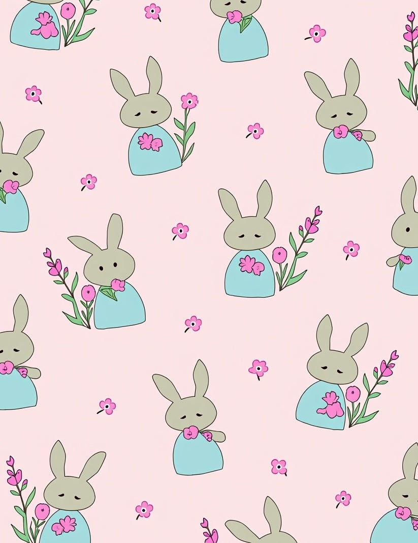 Cute Bunny Floral Garden Pink Rug