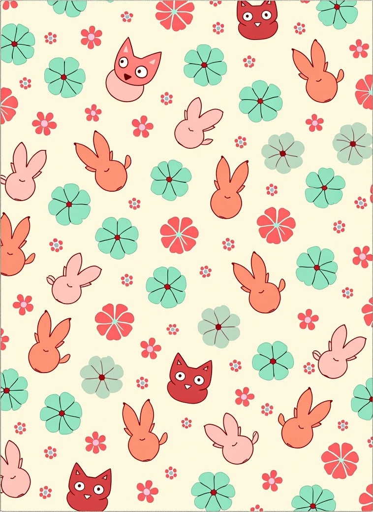 Cute Cat and Bunny Floral Scatter Rug