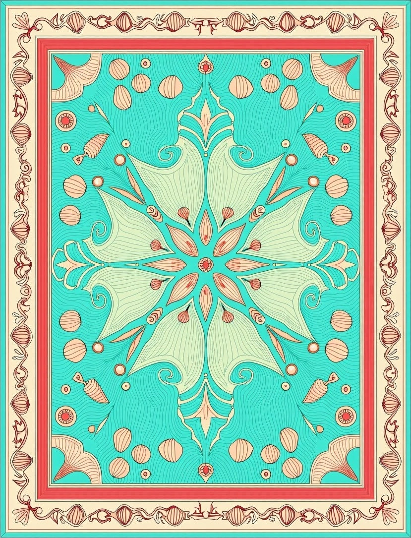 Teal Coral Medallion Floral Symmetrical Rug