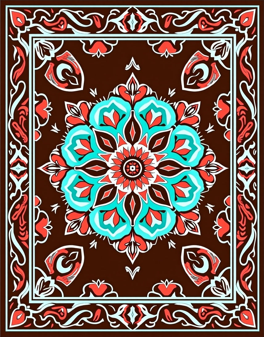 Brown Coral Aqua Medallion Border Rug