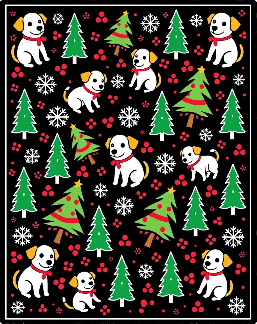 Festive Dogs Trees Snowflakes Black Rug