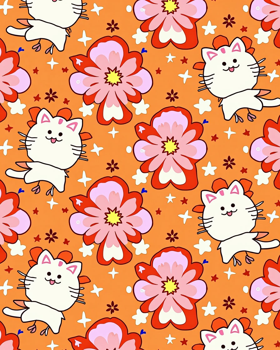 Groovy Orange Floral Cats Stars Rug