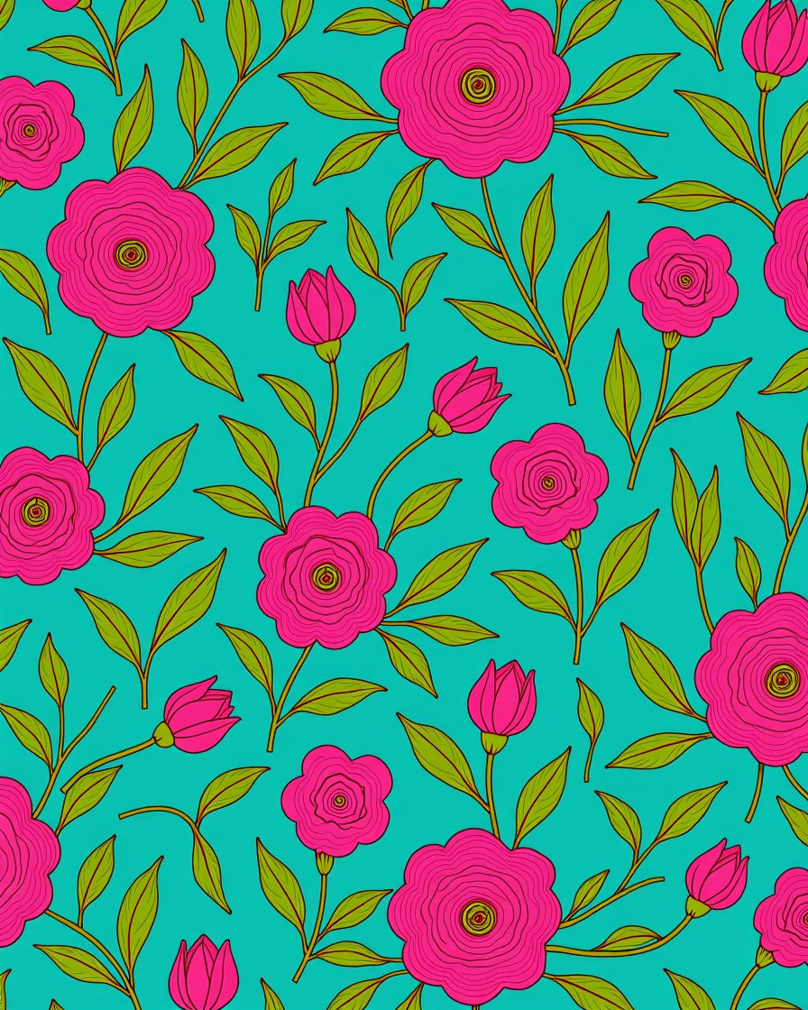 Vibrant Pink Floral Branches Teal Rug
