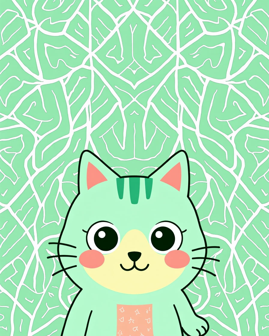 Whimsical Mint Cat Abstract Foliage Rug