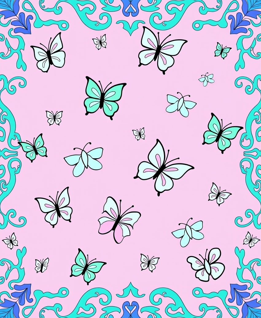 Pink Butterflies Turquoise Blue Swirls Rug