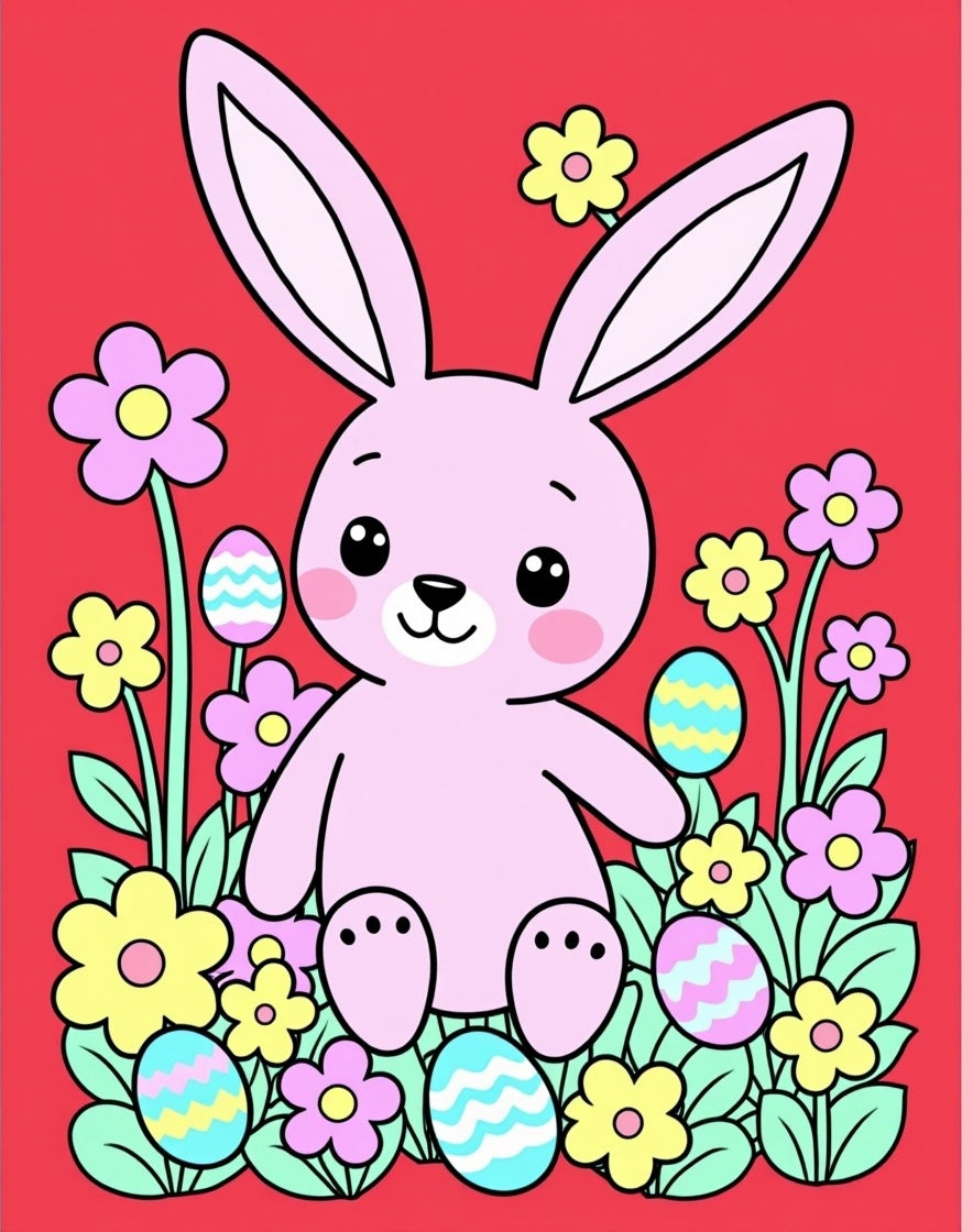 Pink Bunny Amongst Bright Easter Eggs Rug