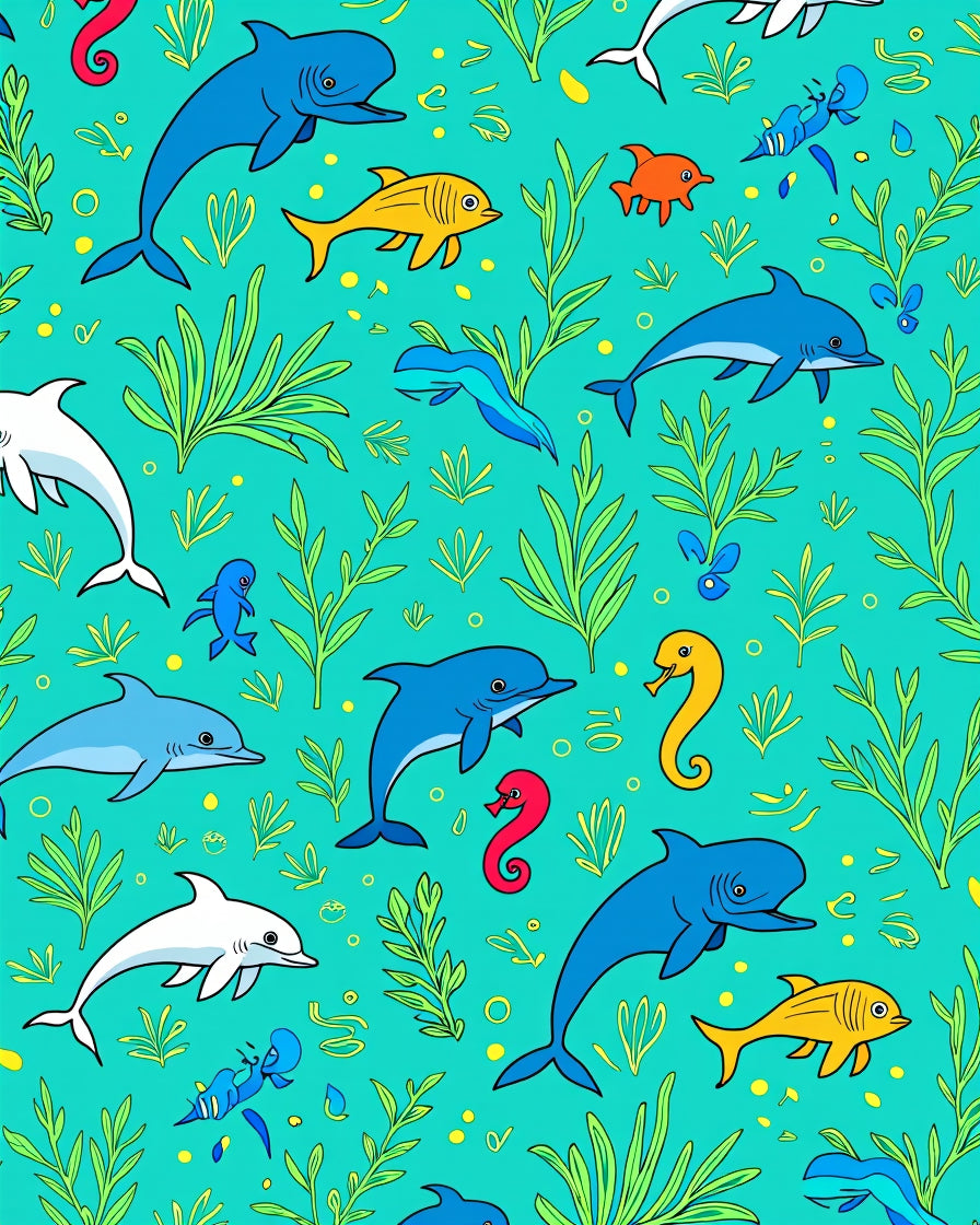 Aqua Ocean Life Dolphins Seahorses Fish Rug