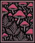 Pink Mushroom Fern Black Background Rug