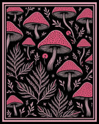 Pink Mushroom Fern Black Background Rug