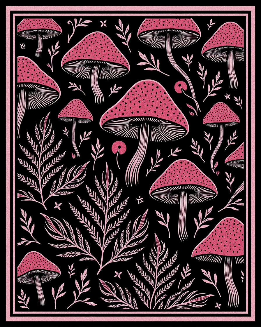 Pink Mushroom Fern Black Background Rug