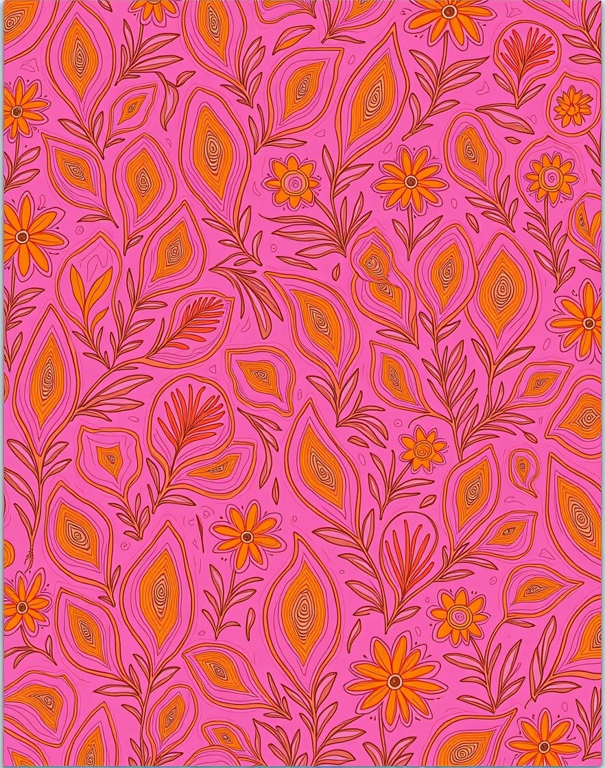 Pink Orange Floral Organic Line Art Rug