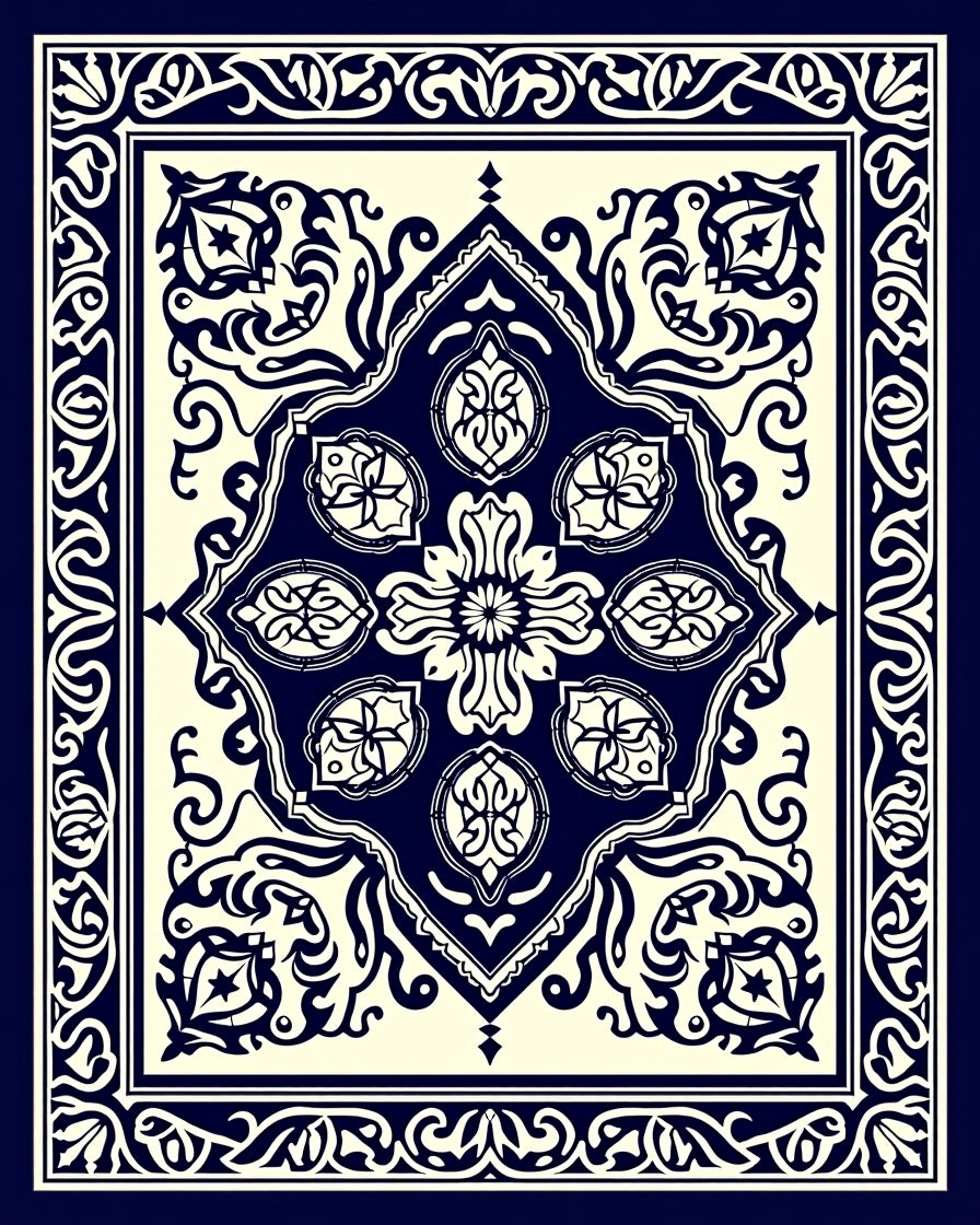 Deep Blue Cream Medallion Border Rug