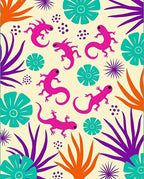 Vibrant Pink Lizards Tropical Floral Arrangement Rug
