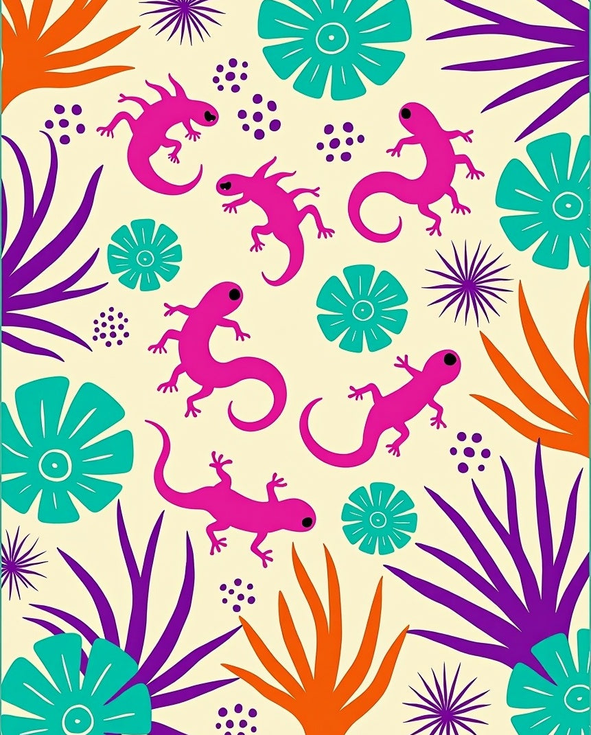 Vibrant Pink Lizards Tropical Floral Arrangement Rug
