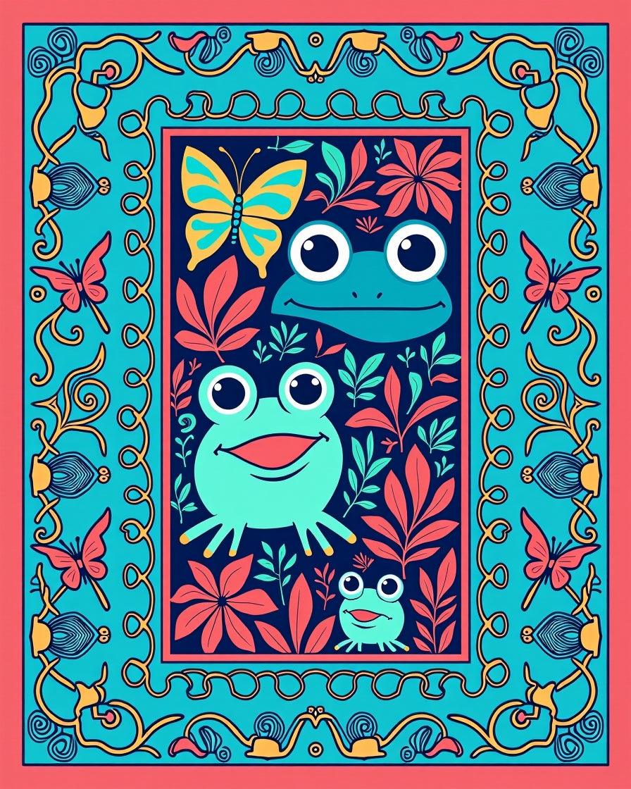 Whimsical Frog Butterfly Coral Garden Rug