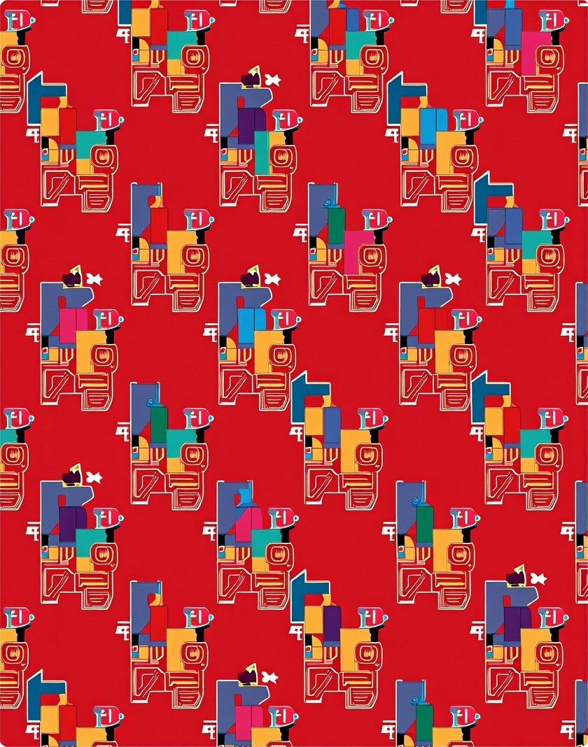 Colorful Red Abstract Geometric Blocks Rug