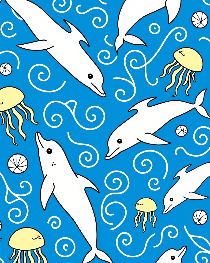 Playful White Dolphins Yellow Jellyfish Blue Ocean Rug