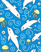 Playful White Dolphins Yellow Jellyfish Blue Ocean Rug