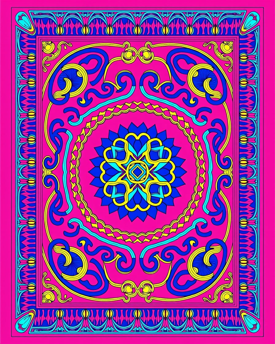 Vibrant Pink Blue Yellow Medallion Rug