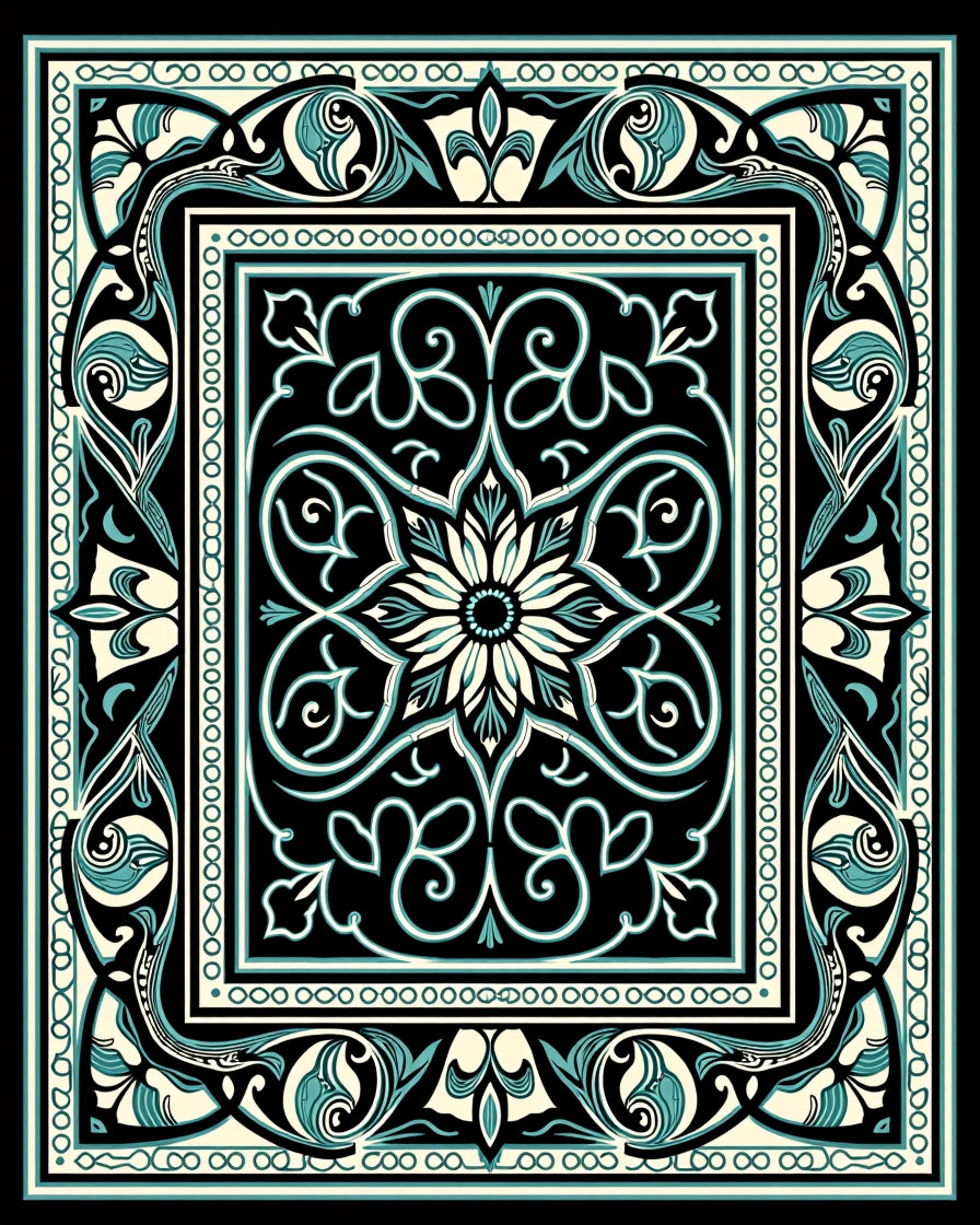Black Teal Floral Medallion Border Rug