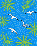 Flying Seagulls Green Palm Branches Blue Waves Rug