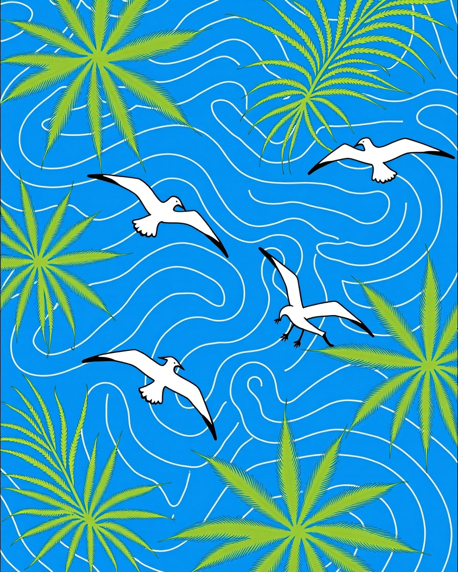 Flying Seagulls Green Palm Branches Blue Waves Rug