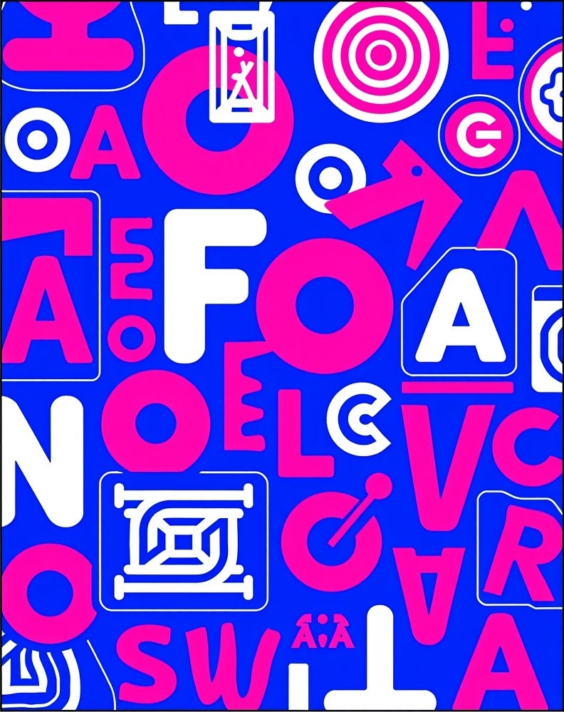 Bold Blue Pink Typographic Collage Rug