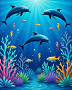 Vibrant Blue Dolphin Seahorse Coral Scene Rug