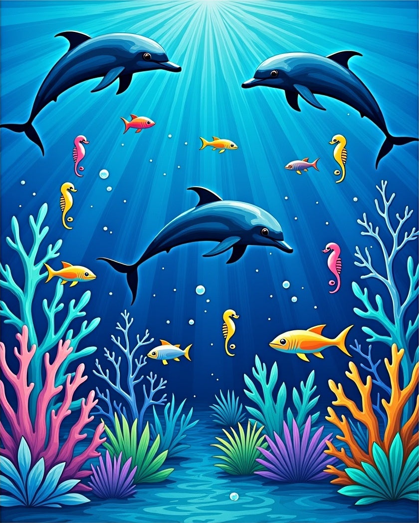 Vibrant Blue Dolphin Seahorse Coral Scene Rug