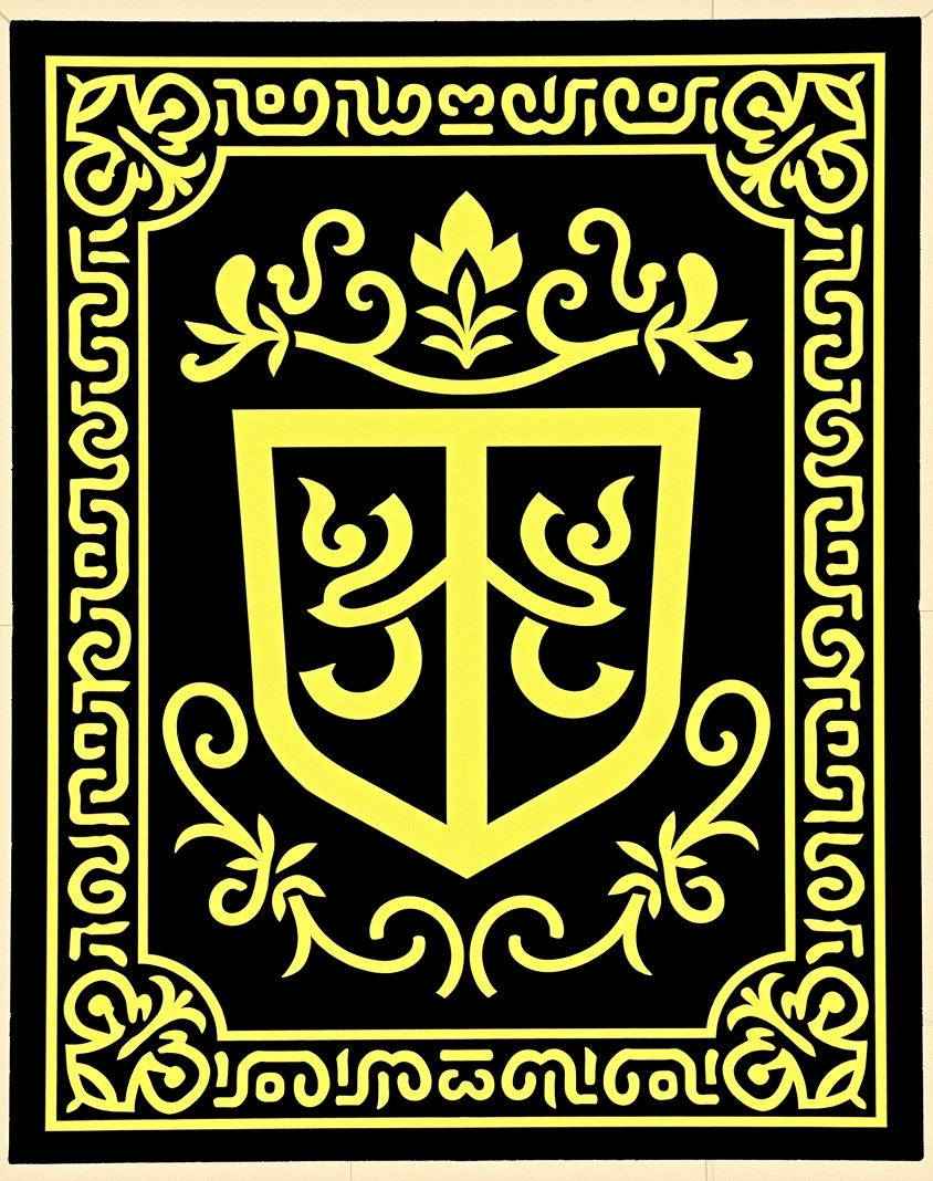 Bold Yellow Shield Ornamental Black Rug