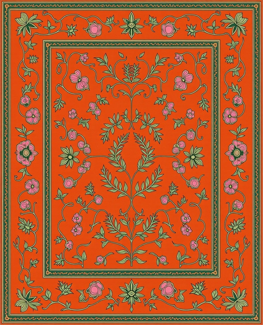 Vibrant Orange Floral Vine Medallion Rug