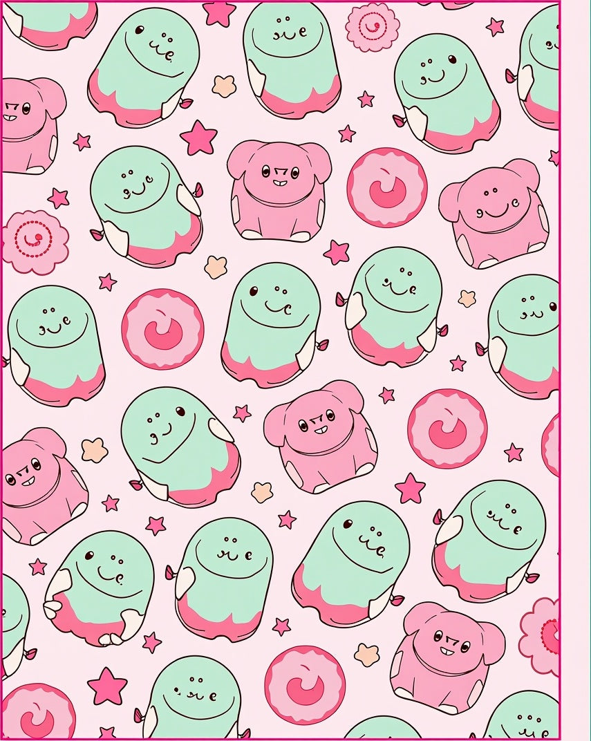 Pink Mint Kawaii Characters Stars Rug