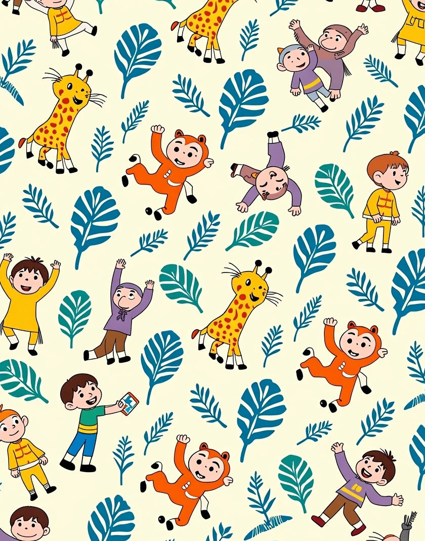 Whimsical Children and Giraffe Jungle Rug