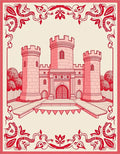 Crimson Castle Bordered Illustration Rug