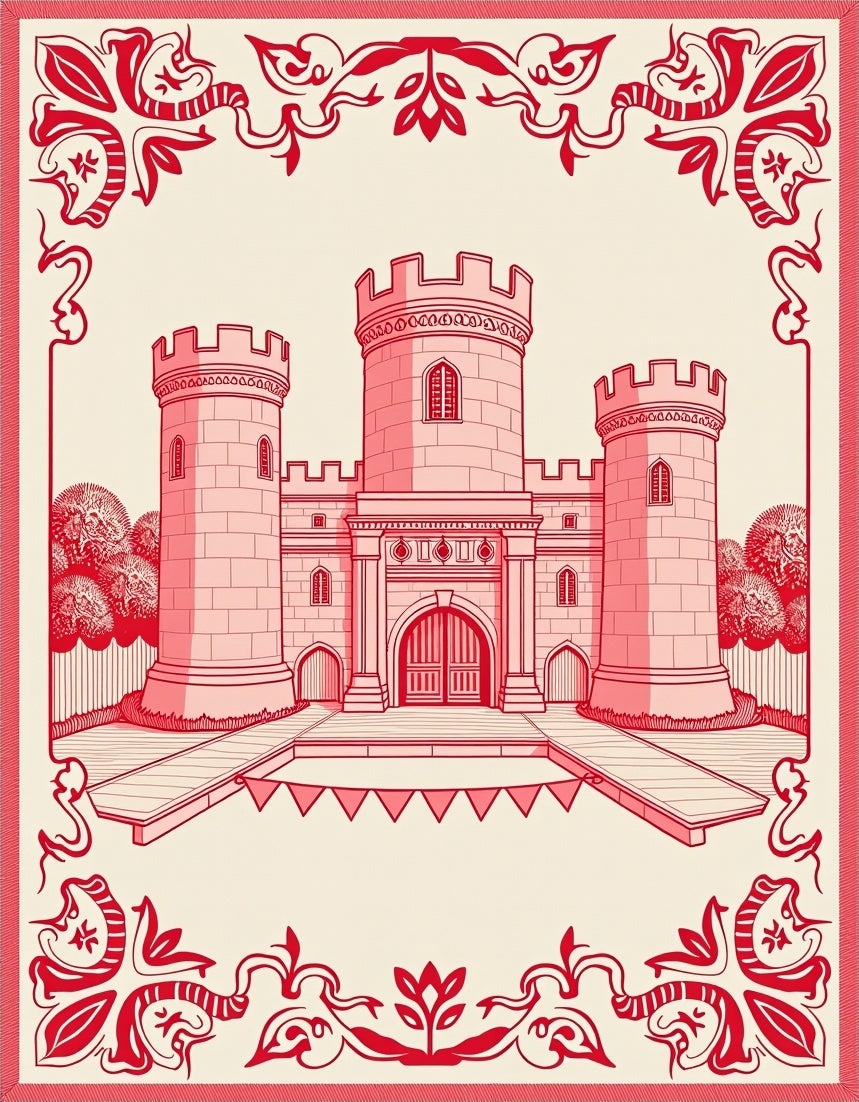 Crimson Castle Bordered Illustration Rug