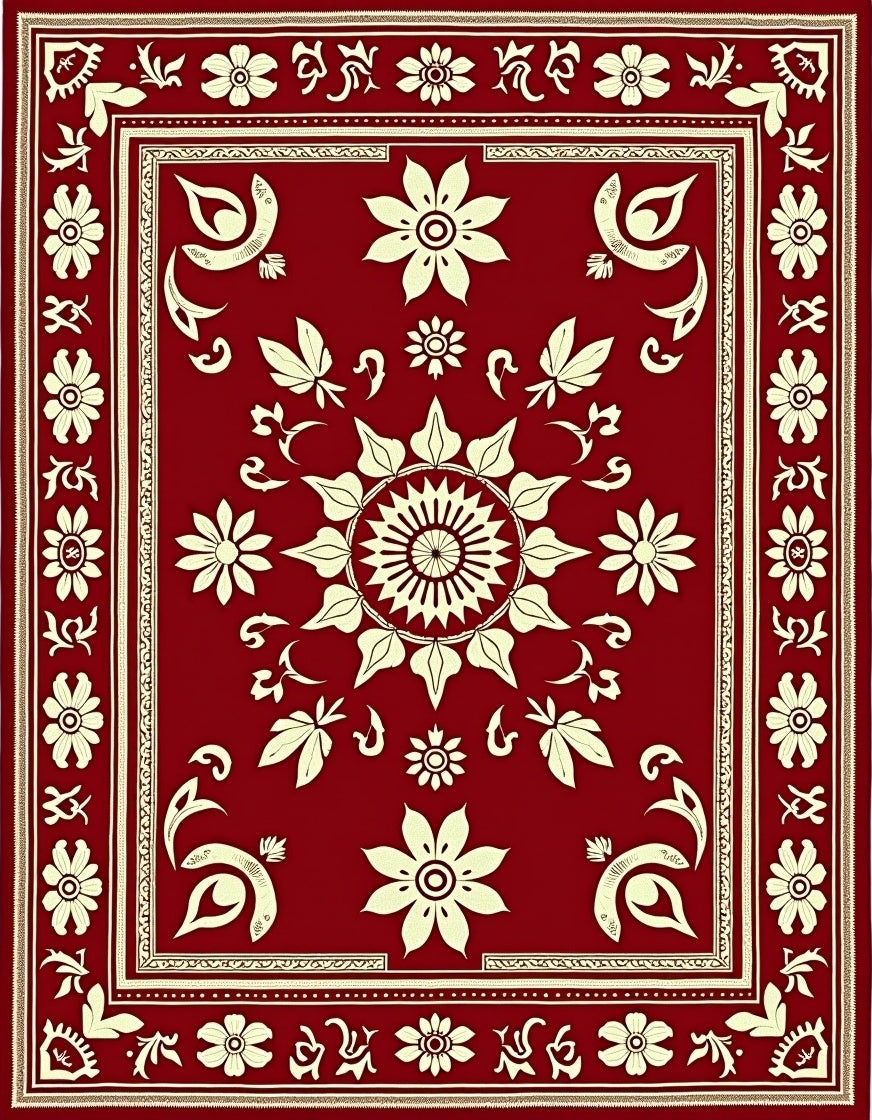 Crimson Floral Medallion Frame Rug