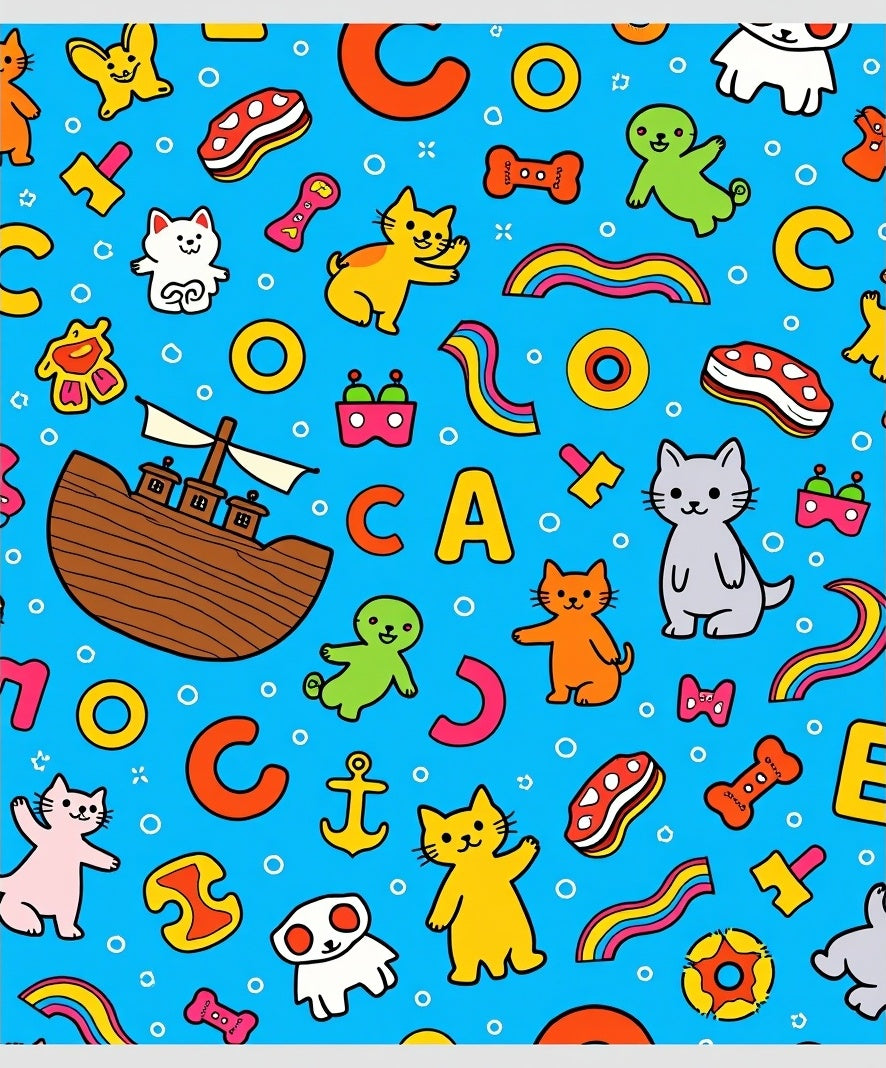 Whimsical Blue Cartoon Animal Collage Rug