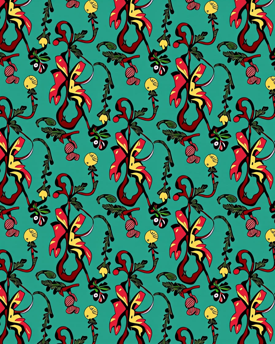 Red Yellow Teal Floral Swirl Rug