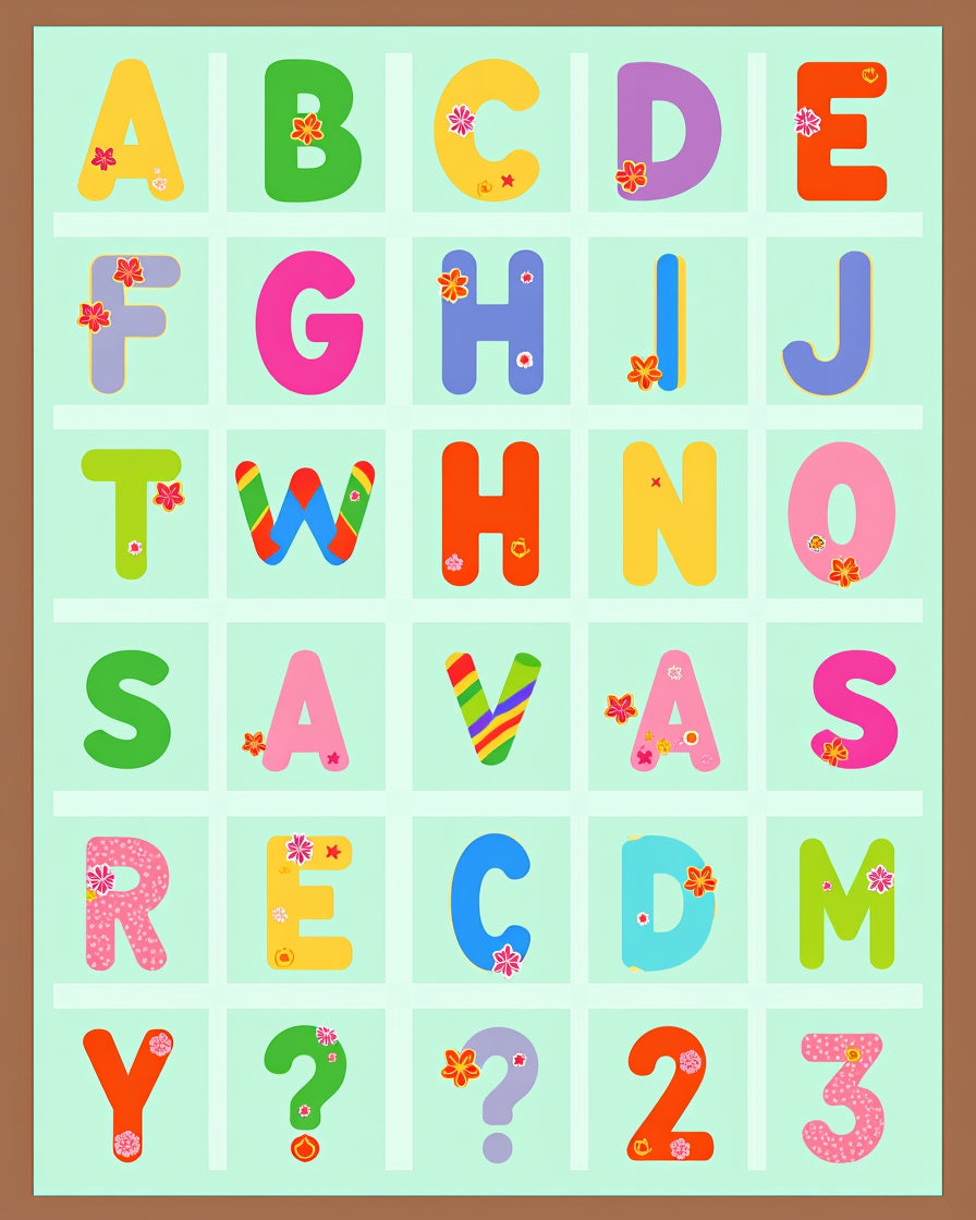 Colorful Alphabet Numbers Floral Squares Rug