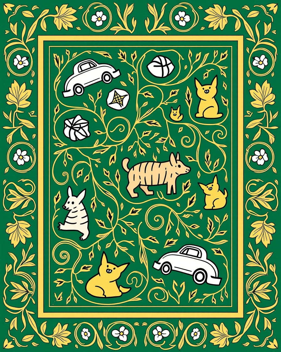 Emerald Green Botanical Animal Autos Rug